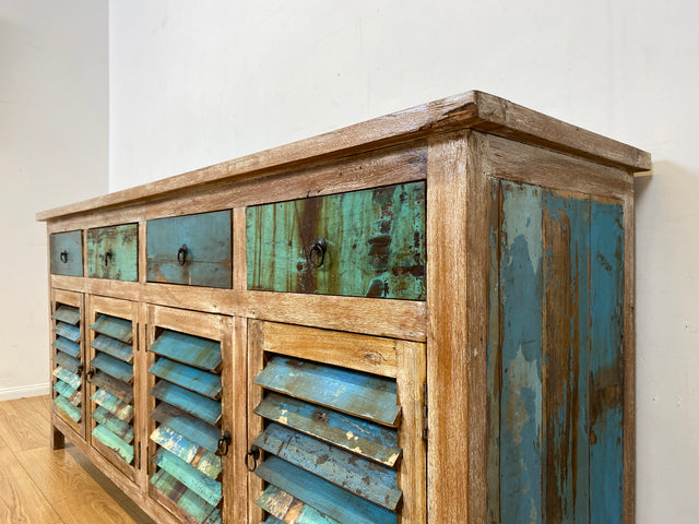 Einzigartiges handgefertigtes Sideboard aus altem Bootsholz in Originalfarben mit Schubladen und Lamellen Türen I Schrank Anrichte Kommode Küchenschrank Büfett I