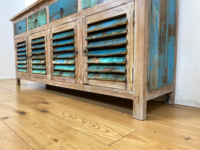 Einzigartiges handgefertigtes Sideboard aus altem Bootsholz in Originalfarben mit Schubladen und Lamellen Türen I Schrank Anrichte Kommode Küchenschrank Büfett I