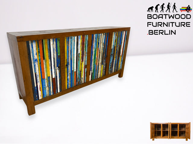 Boatwood by WMK I Einzigartiges Sideboard handgefertigt aus altem Bootsholz I Patchwork in Originalfarben I Teakholz I Kommode TV-Lowboard Schrank Anrichte TV-Bank Bootsmöbel I Berlin Rostock Hamburg