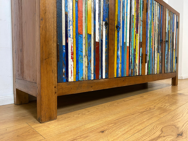 Boatwood by WMK I Einzigartiges Sideboard handgefertigt aus altem Bootsholz I Patchwork in Originalfarben I Teakholz I Kommode TV-Lowboard Schrank Anrichte TV-Bank Bootsmöbel I Berlin Rostock Hamburg