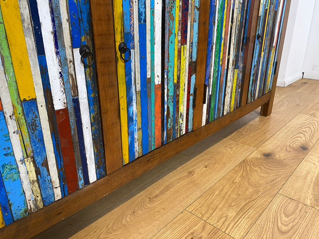 Boatwood by WMK I Einzigartiges Sideboard handgefertigt aus altem Bootsholz I Patchwork in Originalfarben I Teakholz I Kommode TV-Lowboard Schrank Anrichte TV-Bank Bootsmöbel I Berlin Rostock Hamburg