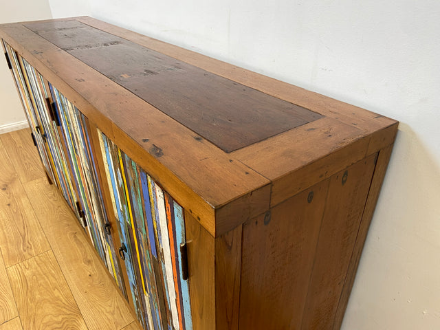 Boatwood by WMK I Einzigartiges Sideboard handgefertigt aus altem Bootsholz I Patchwork in Originalfarben I Teakholz I Kommode TV-Lowboard Schrank Anrichte TV-Bank Bootsmöbel I Berlin Rostock Hamburg