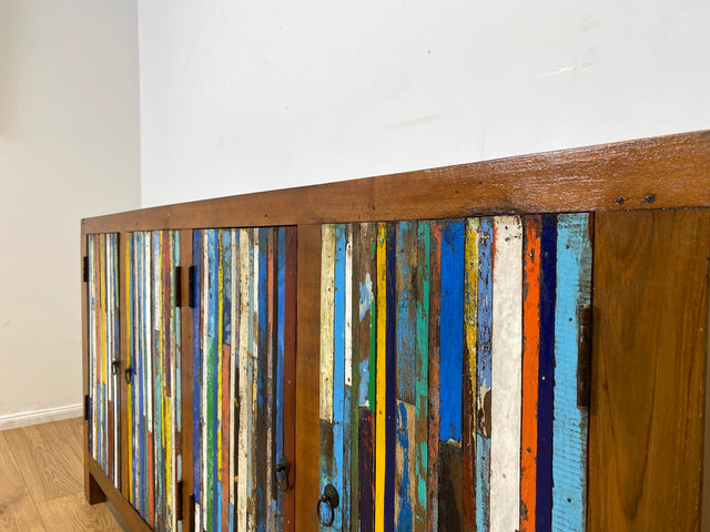 Boatwood by WMK I Einzigartiges Sideboard handgefertigt aus altem Bootsholz I Patchwork in Originalfarben I Teakholz I Kommode TV-Lowboard Schrank Anrichte TV-Bank Bootsmöbel I Berlin Rostock Hamburg