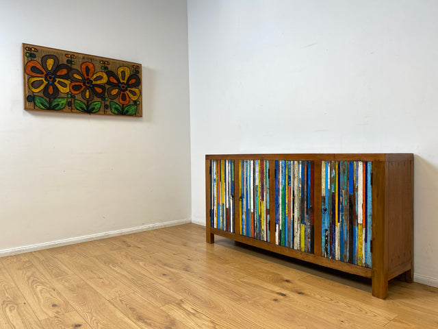 Boatwood by WMK I Einzigartiges Sideboard handgefertigt aus altem Bootsholz I Patchwork in Originalfarben I Teakholz I Kommode TV-Lowboard Schrank Anrichte TV-Bank Bootsmöbel I Berlin Rostock Hamburg