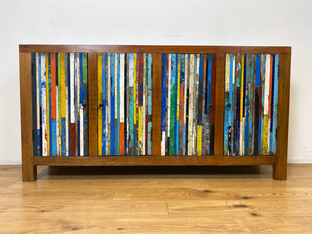 Boatwood by WMK I Einzigartiges Sideboard handgefertigt aus altem Bootsholz I Patchwork in Originalfarben I Teakholz I Kommode TV-Lowboard Schrank Anrichte TV-Bank Bootsmöbel I Berlin Rostock Hamburg