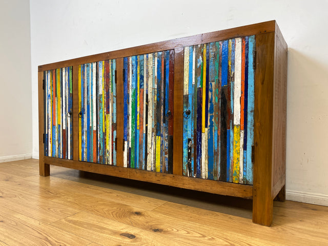 Boatwood by WMK I Einzigartiges Sideboard handgefertigt aus altem Bootsholz I Patchwork in Originalfarben I Teakholz I Kommode TV-Lowboard Schrank Anrichte TV-Bank Bootsmöbel I Berlin Rostock Hamburg