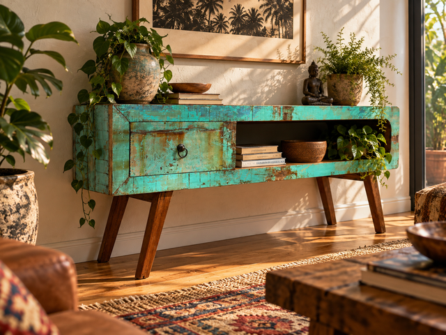 Besonders schönes Sideboard handgefertigt aus altem Bootsholz in Originalfarben mit Schublade I TV-Lowboard Lowboard Kommode Fernsehkommode TV Bank Rack I