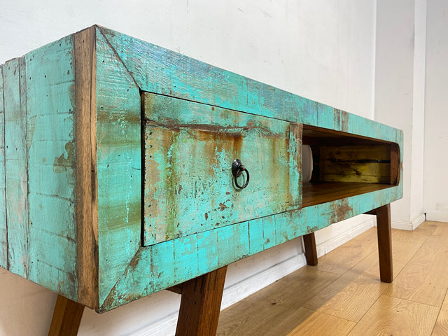 Besonders schönes Sideboard handgefertigt aus altem Bootsholz in Originalfarben mit Schublade I TV-Lowboard Lowboard Kommode Fernsehkommode TV Bank Rack I