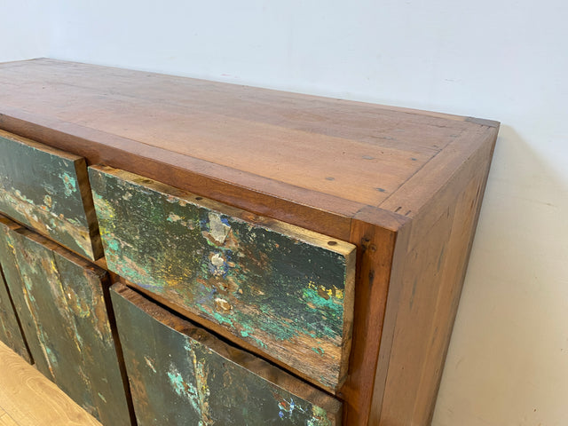 Boatwood by WMK I Einzigartiges Sideboard handgefertigt aus altem Bootsholz in Originalfarben I Teakholz massiv I Schrank Kommode Anrichte Büfett Buffet Chest Wäschekommode I Berlin Dresden Frankfurt