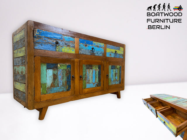 Einzigartiges und hochwertiges Sideboard handgefertigt aus altem Bootsholz in Originalfarben mit Schubladen I Schrank Anrichte Kommode TV Lowboard Schuhschrank I