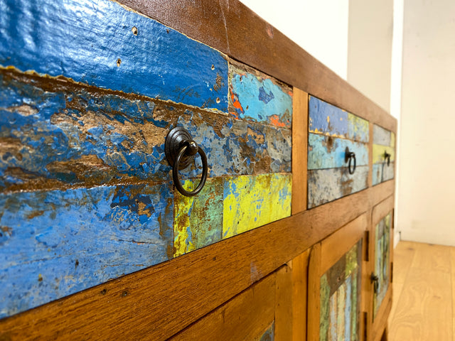 Einzigartiges und hochwertiges Sideboard handgefertigt aus altem Bootsholz in Originalfarben mit Schubladen I Schrank Anrichte Kommode TV Lowboard Schuhschrank I