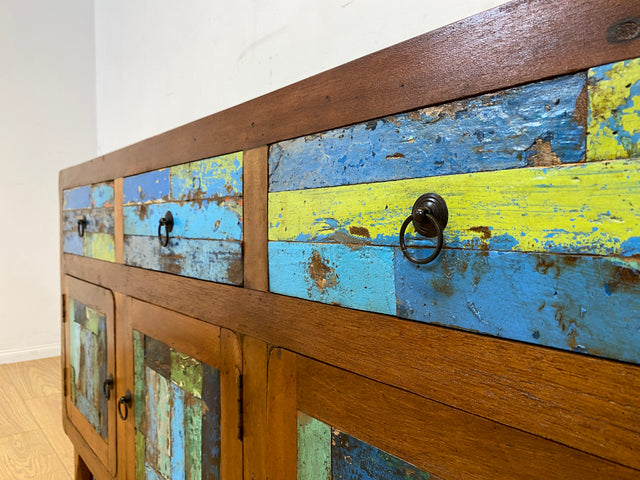 Einzigartiges und hochwertiges Sideboard handgefertigt aus altem Bootsholz in Originalfarben mit Schubladen I Schrank Anrichte Kommode TV Lowboard Schuhschrank I