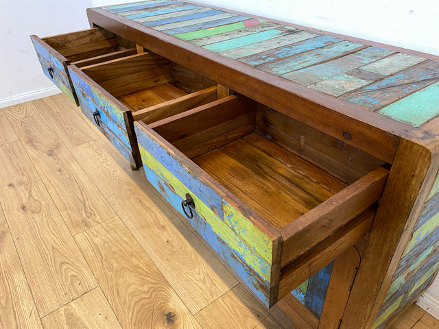 Einzigartiges und hochwertiges Sideboard handgefertigt aus altem Bootsholz in Originalfarben mit Schubladen I Schrank Anrichte Kommode TV Lowboard Schuhschrank I