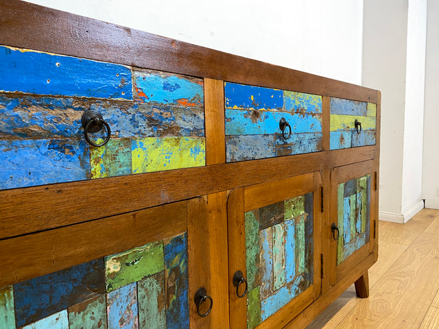 Einzigartiges und hochwertiges Sideboard handgefertigt aus altem Bootsholz in Originalfarben mit Schubladen I Schrank Anrichte Kommode TV Lowboard Schuhschrank I
