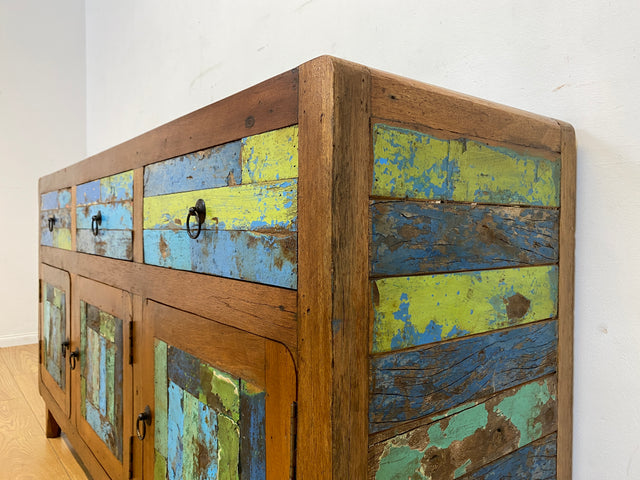 Einzigartiges und hochwertiges Sideboard handgefertigt aus altem Bootsholz in Originalfarben mit Schubladen I Schrank Anrichte Kommode TV Lowboard Schuhschrank I