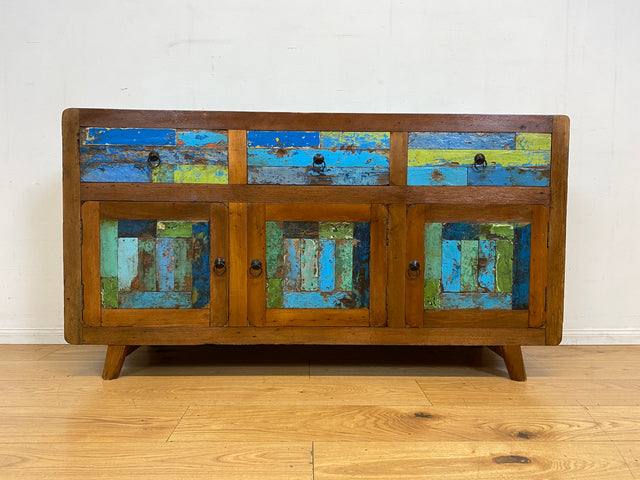 Einzigartiges und hochwertiges Sideboard handgefertigt aus altem Bootsholz in Originalfarben mit Schubladen I Schrank Anrichte Kommode TV Lowboard Schuhschrank I