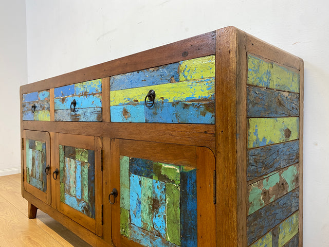 Einzigartiges und hochwertiges Sideboard handgefertigt aus altem Bootsholz in Originalfarben mit Schubladen I Schrank Anrichte Kommode TV Lowboard Schuhschrank I