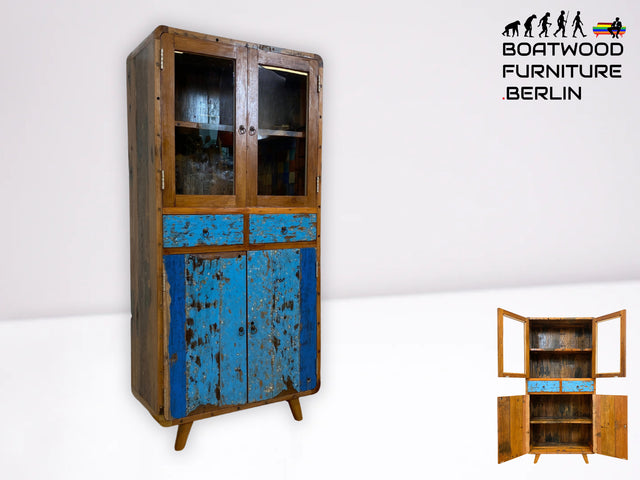Formschöne Vitrine handgefertigt aus altem Bootsholz mit Schubladen I Schrank Highboard Bücherschrank Büchervitrine Geschirrschrank Küchenschrank Treibholz I