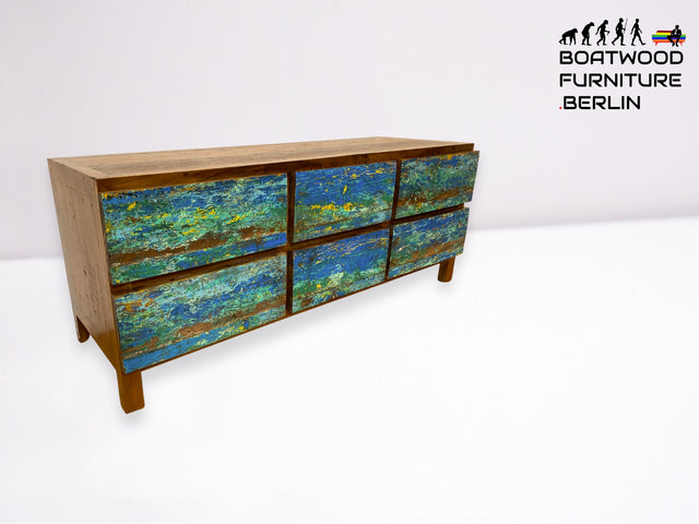 Boatwood by WMK I Besonders schönes handgefertigtes Sideboard aus altem Bootsholz mit Schubladen I TV Lowboard Kommode Board Schubladenkommode Wäschekommode Fernsehschrank I Berlin Rostock Bayern NRW