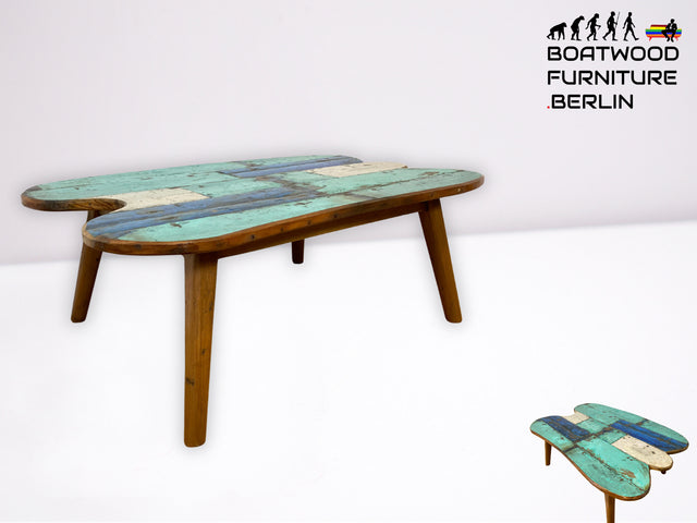 Besonders schöner und nachhaltiger großer Couchtisch handgefertigt aus altem Bootsholz in Originalfarben I Outdoor geeignet I Wohnzimmertisch Coffee Table Teak I