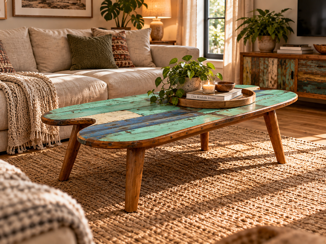 Besonders schöner und nachhaltiger großer Couchtisch handgefertigt aus altem Bootsholz in Originalfarben I Outdoor geeignet I Wohnzimmertisch Coffee Table Teak I