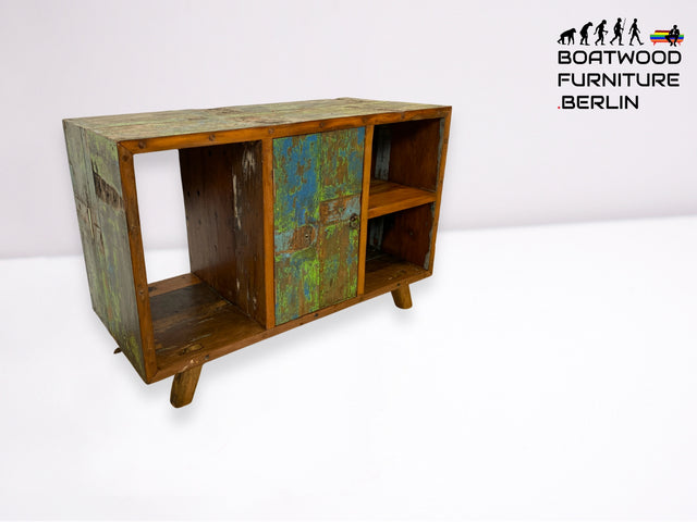 Boatwood by WMK I Sehr schöne offene Kommode handgefertigt aus altem Bootsholz in grüner Originalfarbe I Sideboard Regal Bücherschrank Bücherregal TV Lowboard Bank Bootsmöbel I Berlin Bremen Hamburg