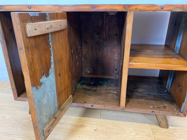 Boatwood by WMK I Sehr schöne offene Kommode handgefertigt aus altem Bootsholz in grüner Originalfarbe I Sideboard Regal Bücherschrank Bücherregal TV Lowboard Bank Bootsmöbel I Berlin Bremen Hamburg