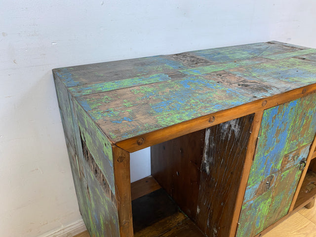 Boatwood by WMK I Sehr schöne offene Kommode handgefertigt aus altem Bootsholz in grüner Originalfarbe I Sideboard Regal Bücherschrank Bücherregal TV Lowboard Bank Bootsmöbel I Berlin Bremen Hamburg