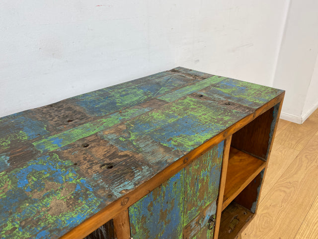 Boatwood by WMK I Sehr schöne offene Kommode handgefertigt aus altem Bootsholz in grüner Originalfarbe I Sideboard Regal Bücherschrank Bücherregal TV Lowboard Bank Bootsmöbel I Berlin Bremen Hamburg