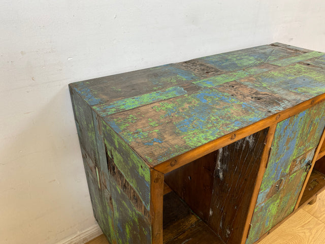 Boatwood by WMK I Sehr schöne offene Kommode handgefertigt aus altem Bootsholz in grüner Originalfarbe I Sideboard Regal Bücherschrank Bücherregal TV Lowboard Bank Bootsmöbel I Berlin Bremen Hamburg