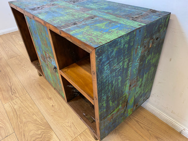 Boatwood by WMK I Sehr schöne offene Kommode handgefertigt aus altem Bootsholz in grüner Originalfarbe I Sideboard Regal Bücherschrank Bücherregal TV Lowboard Bank Bootsmöbel I Berlin Bremen Hamburg