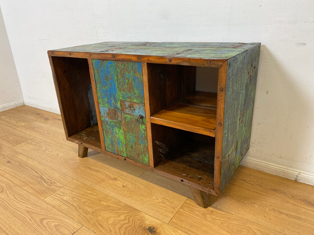 Boatwood by WMK I Sehr schöne offene Kommode handgefertigt aus altem Bootsholz in grüner Originalfarbe I Sideboard Regal Bücherschrank Bücherregal TV Lowboard Bank Bootsmöbel I Berlin Bremen Hamburg