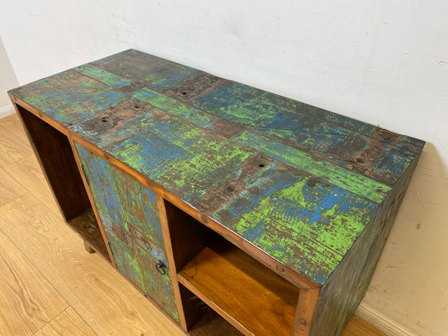 Boatwood by WMK I Sehr schöne offene Kommode handgefertigt aus altem Bootsholz in grüner Originalfarbe I Sideboard Regal Bücherschrank Bücherregal TV Lowboard Bank Bootsmöbel I Berlin Bremen Hamburg