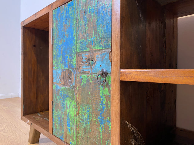 Boatwood by WMK I Sehr schöne offene Kommode handgefertigt aus altem Bootsholz in grüner Originalfarbe I Sideboard Regal Bücherschrank Bücherregal TV Lowboard Bank Bootsmöbel I Berlin Bremen Hamburg