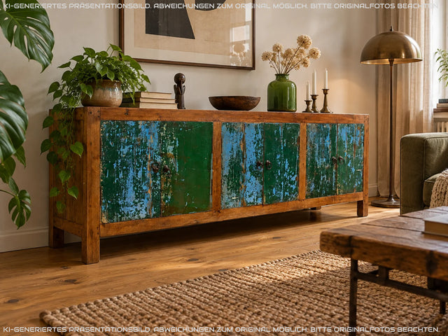 Sehr schönes Lowboard handgefertigt aus altem Bootsholz in Originalfarbe I Teakholz massiv I Sideboard Kommode Fernsehschrank TV Bank Industrial Design I
