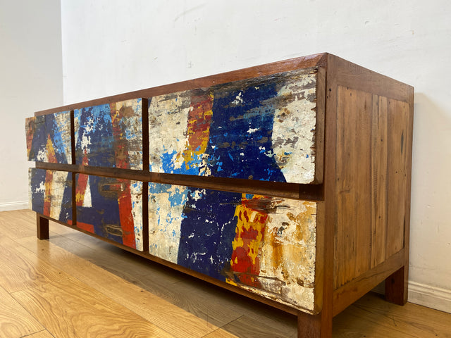 Einzigartiges Lowboard handgefertigt aus altem Bootsholz in Originalfarben mit Schubladen I Teakholz massiv I Sideboard Kommode TV Bank Schrank Anrichte Industrial Design I