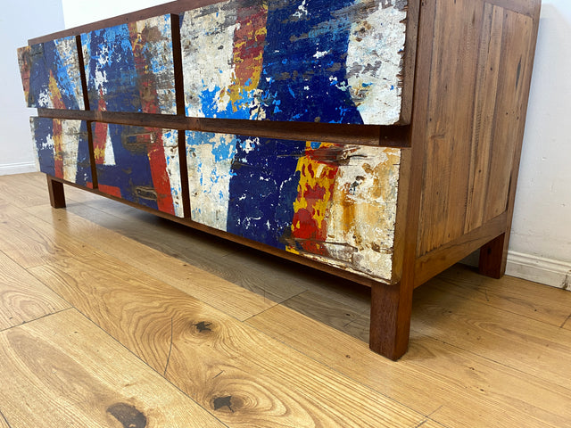 Einzigartiges Lowboard handgefertigt aus altem Bootsholz in Originalfarben mit Schubladen I Teakholz massiv I Sideboard Kommode TV Bank Schrank Anrichte Industrial Design I