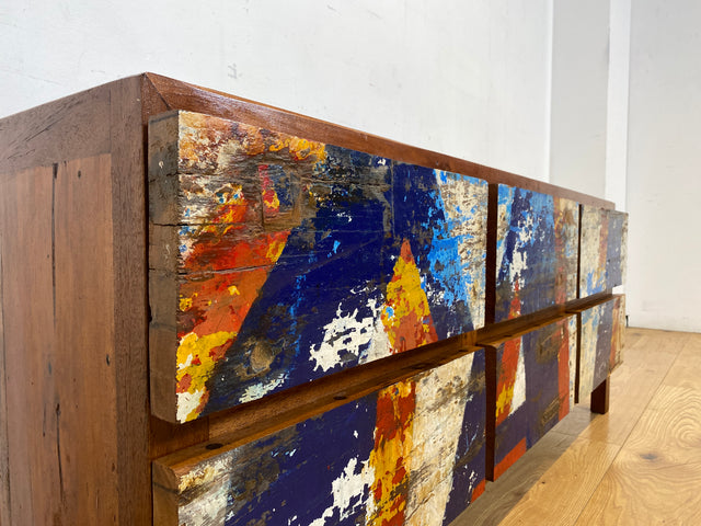 Einzigartiges Lowboard handgefertigt aus altem Bootsholz in Originalfarben mit Schubladen I Teakholz massiv I Sideboard Kommode TV Bank Schrank Anrichte Industrial Design I