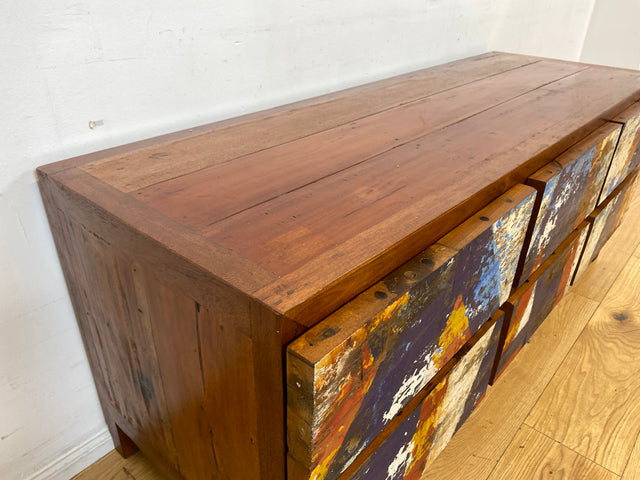 Einzigartiges Lowboard handgefertigt aus altem Bootsholz in Originalfarben mit Schubladen I Teakholz massiv I Sideboard Kommode TV Bank Schrank Anrichte Industrial Design I