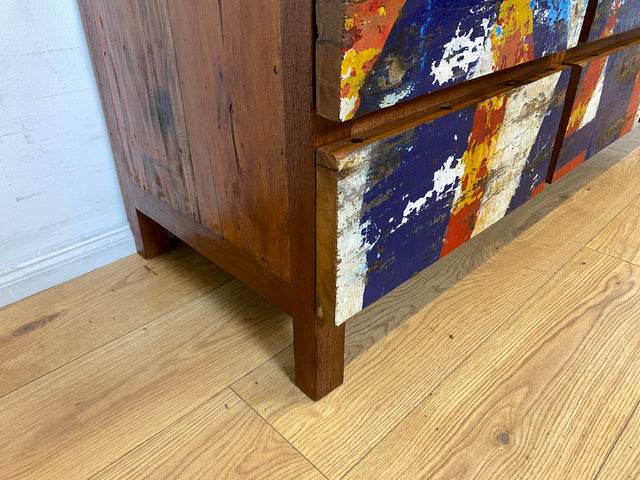 Einzigartiges Lowboard handgefertigt aus altem Bootsholz in Originalfarben mit Schubladen I Teakholz massiv I Sideboard Kommode TV Bank Schrank Anrichte Industrial Design I