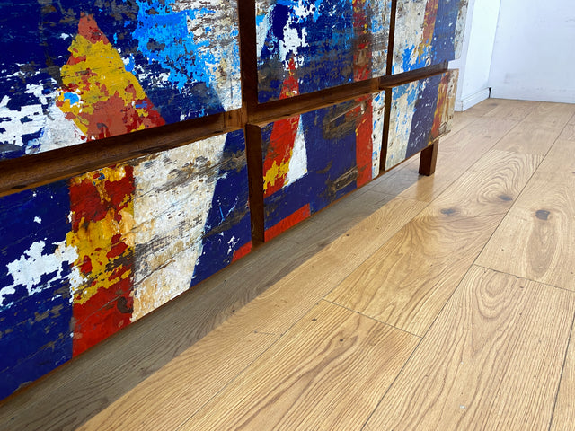 Einzigartiges Lowboard handgefertigt aus altem Bootsholz in Originalfarben mit Schubladen I Teakholz massiv I Sideboard Kommode TV Bank Schrank Anrichte Industrial Design I