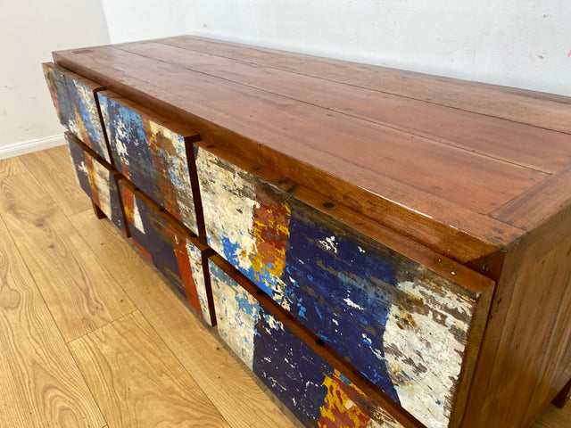 Einzigartiges Lowboard handgefertigt aus altem Bootsholz in Originalfarben mit Schubladen I Teakholz massiv I Sideboard Kommode TV Bank Schrank Anrichte Industrial Design I