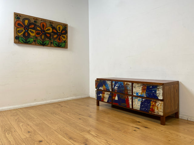Einzigartiges Lowboard handgefertigt aus altem Bootsholz in Originalfarben mit Schubladen I Teakholz massiv I Sideboard Kommode TV Bank Schrank Anrichte Industrial Design I