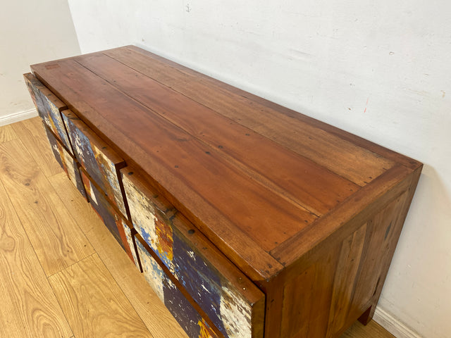 Einzigartiges Lowboard handgefertigt aus altem Bootsholz in Originalfarben mit Schubladen I Teakholz massiv I Sideboard Kommode TV Bank Schrank Anrichte Industrial Design I
