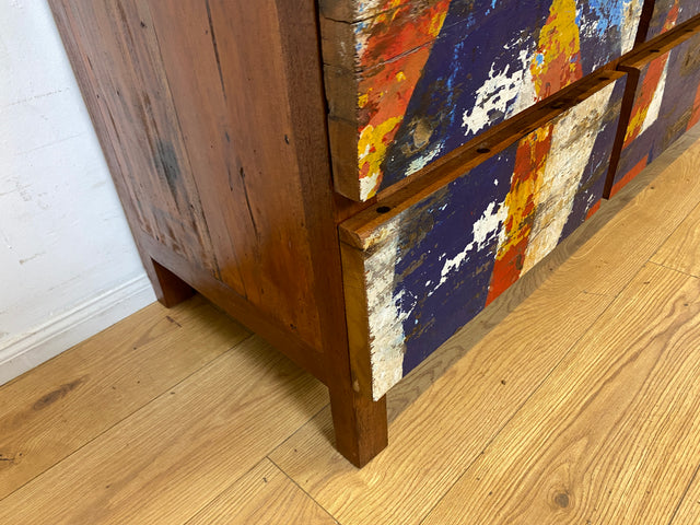 Einzigartiges Lowboard handgefertigt aus altem Bootsholz in Originalfarben mit Schubladen I Teakholz massiv I Sideboard Kommode TV Bank Schrank Anrichte Industrial Design I
