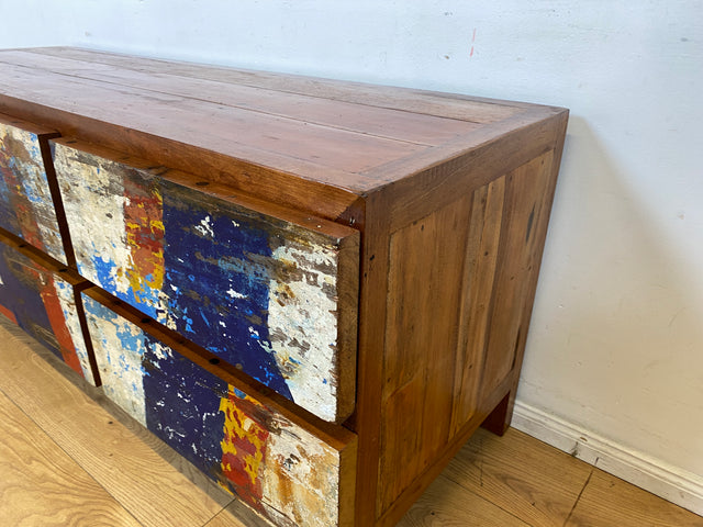 Einzigartiges Lowboard handgefertigt aus altem Bootsholz in Originalfarben mit Schubladen I Teakholz massiv I Sideboard Kommode TV Bank Schrank Anrichte Industrial Design I