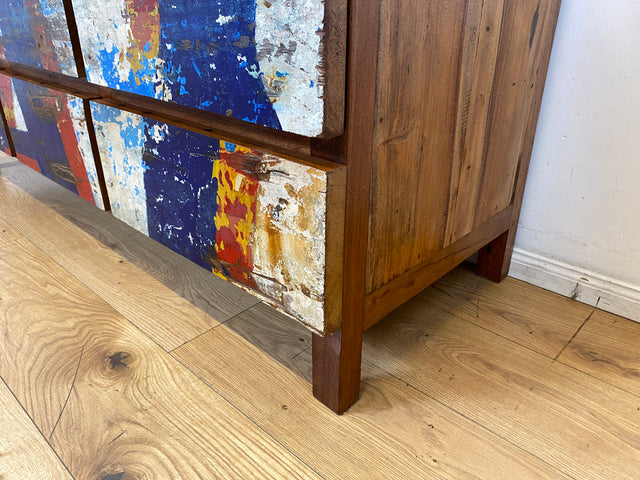 Einzigartiges Lowboard handgefertigt aus altem Bootsholz in Originalfarben mit Schubladen I Teakholz massiv I Sideboard Kommode TV Bank Schrank Anrichte Industrial Design I