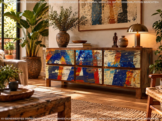 Einzigartiges Lowboard handgefertigt aus altem Bootsholz in Originalfarben mit Schubladen I Teakholz massiv I Sideboard Kommode TV Bank Schrank Anrichte Industrial Design I