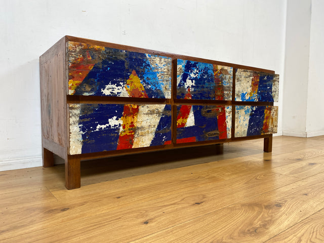 Einzigartiges Lowboard handgefertigt aus altem Bootsholz in Originalfarben mit Schubladen I Teakholz massiv I Sideboard Kommode TV Bank Schrank Anrichte Industrial Design I