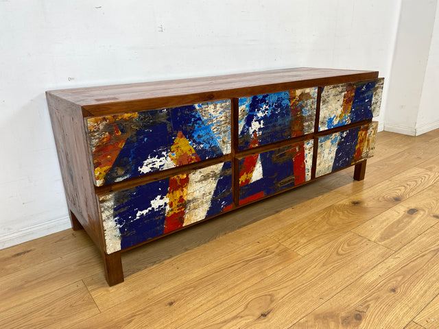Einzigartiges Lowboard handgefertigt aus altem Bootsholz in Originalfarben mit Schubladen I Teakholz massiv I Sideboard Kommode TV Bank Schrank Anrichte Industrial Design I
